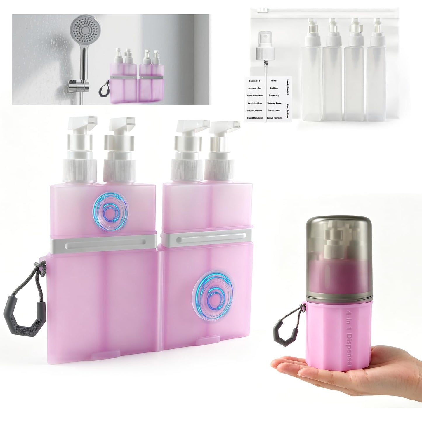 MORMID 4 in 1 Travel Dispenser，Unbreakable Silicone Travel Dispenser Bottle, Vacuum Suction Wall Mounted Refillable Containers,Leakproof Toiletry Containers for Shampoo, Lotion, Baby Care-Pink.
