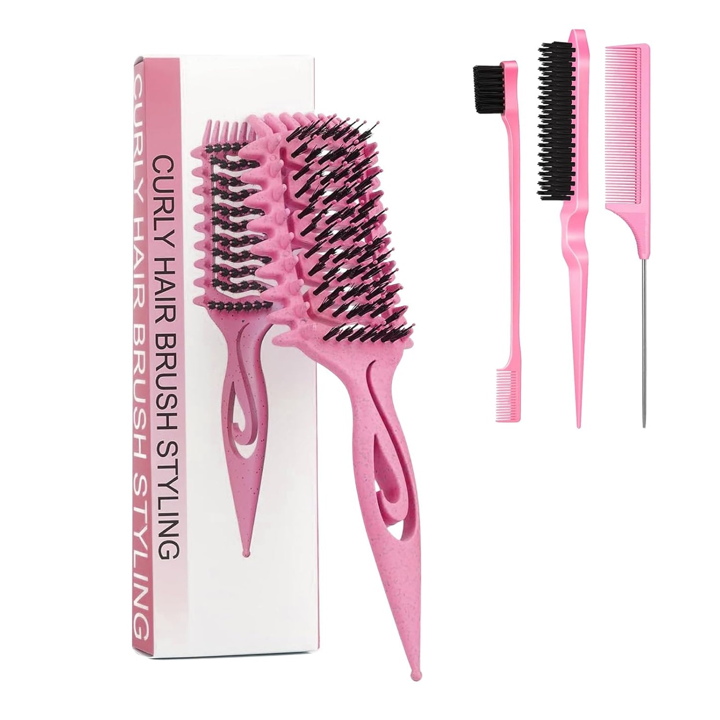 Curly Hair Defining Brush Set - 3 Ergonomic Slick Back Brushes for Wet & Dry Hair | Frizz Reduction (Pink)