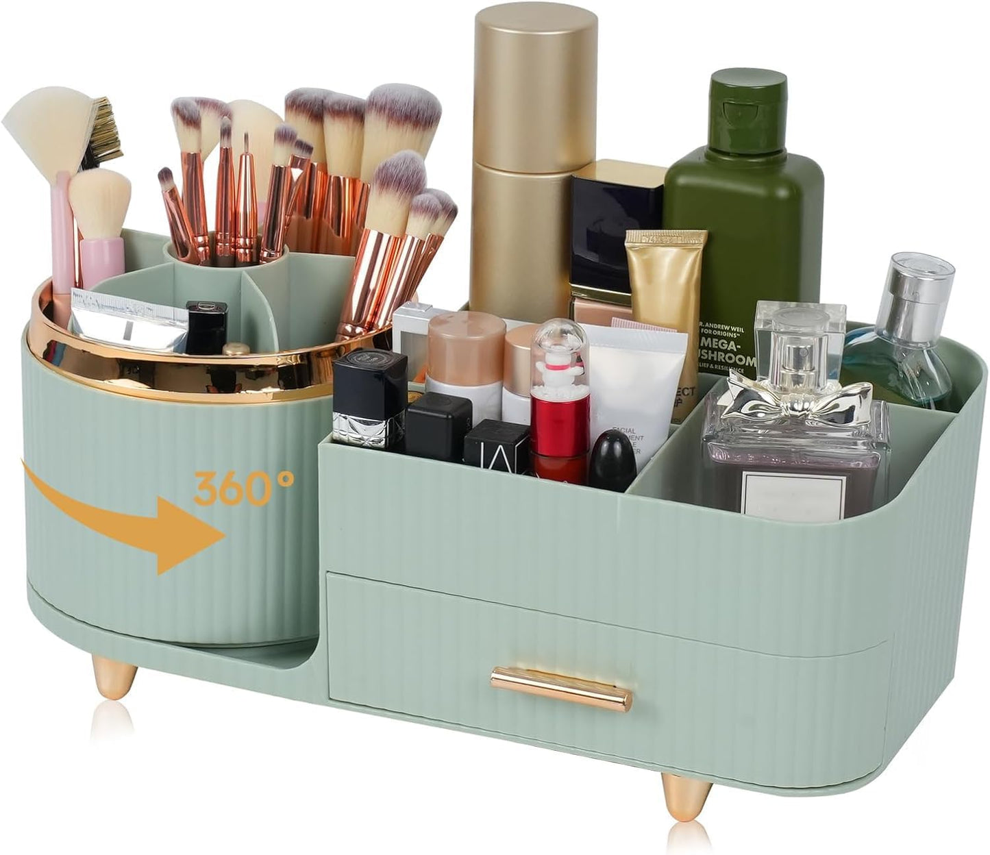 Makeup Organizer - 360 Rotating Brush Holder with Drawer | Large Capacity Skincare & Cosmetic Storage - Black