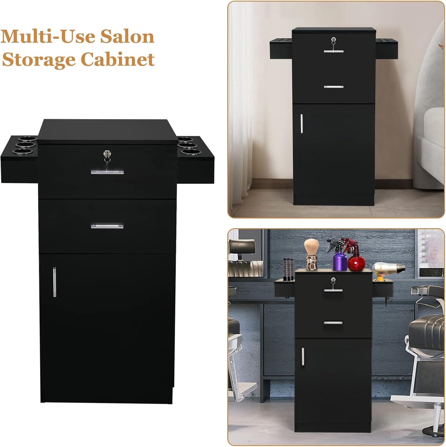 Salon Stations for Hair Stylists - Beauty Salon Storage Cabinet with 2 Drawers & 6 Hair Dryer Holders | Black
