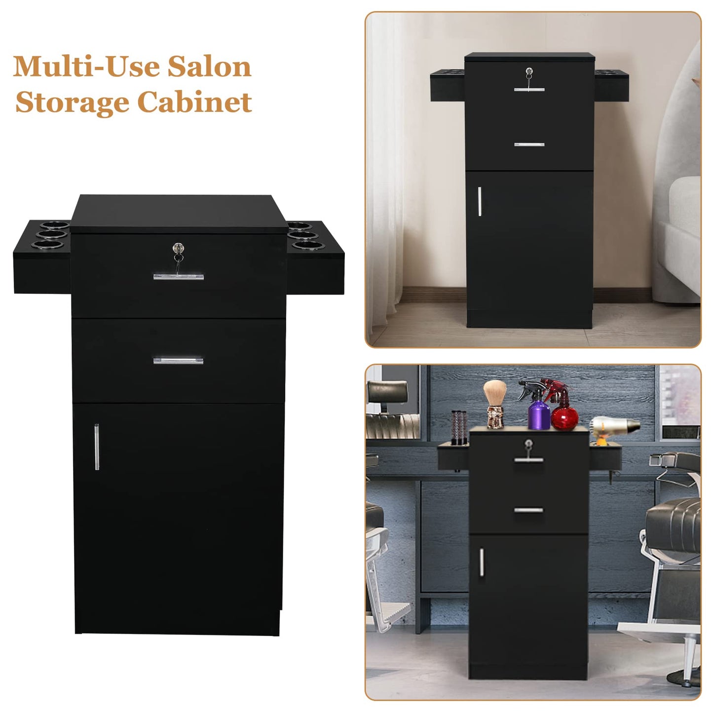 OmySalon Salon Stations for Hair Stylist, Beauty Salon Storage Cabinet, Hair Styling Equipement Set with a Large Storage Cabinet, 2 Drawers and 6 Hair Dryer Holders, Black