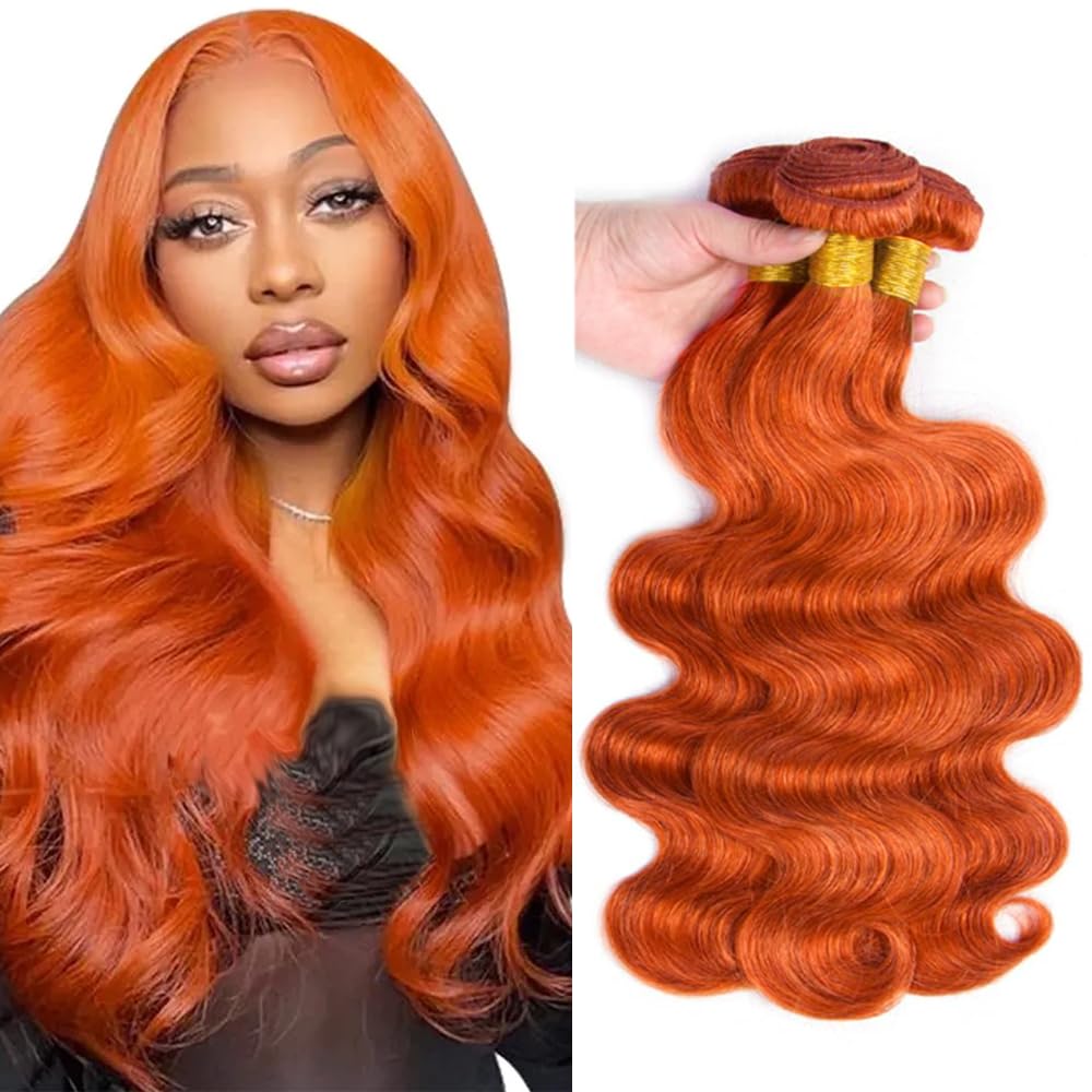 Ginger Bundles Human Hair Color 350 Body Wave 3 Bundle 16 16 16 inch AuokMar Peruvian unprocessed Virgin Remy Hair Extensions 350 Orange Bundles