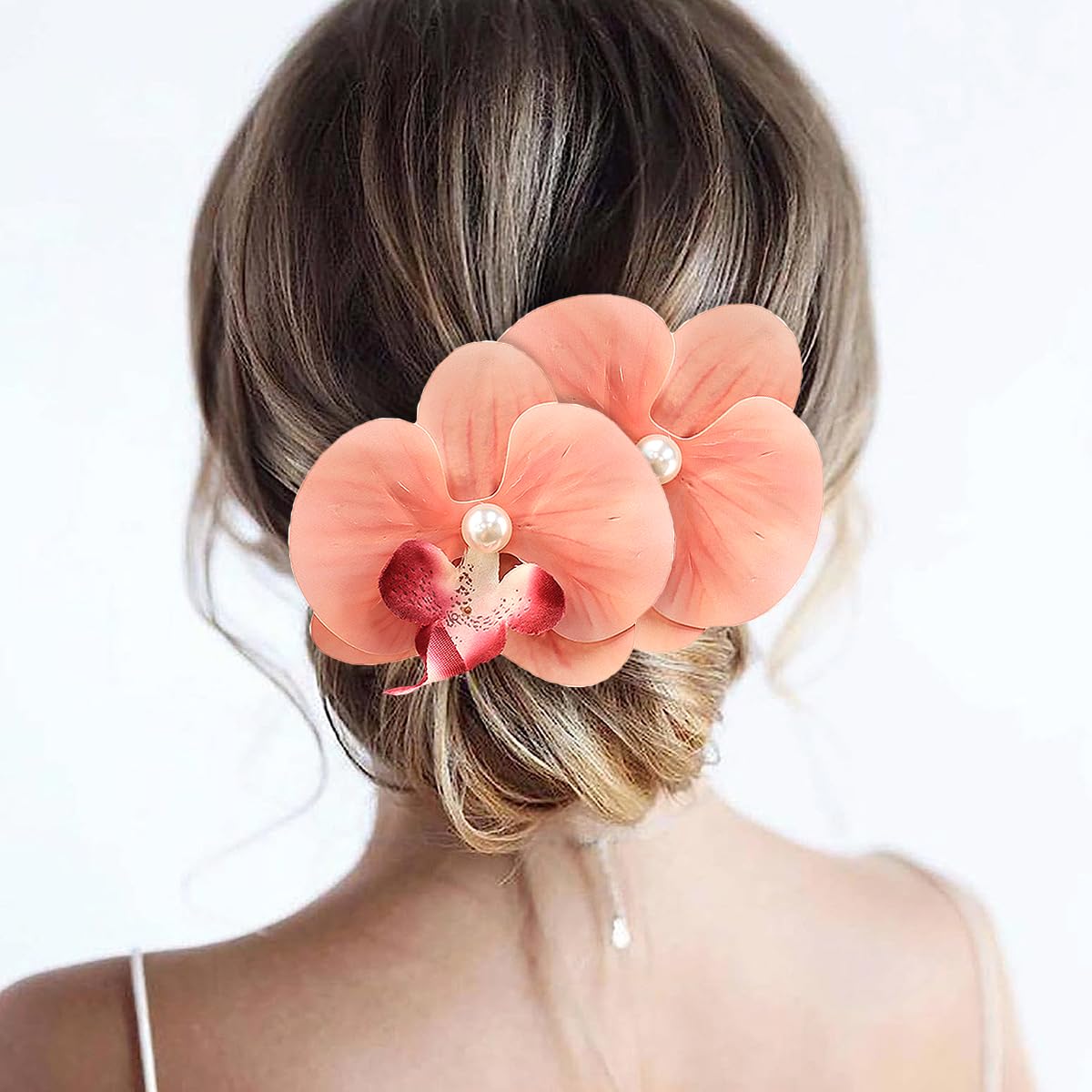 Boho Orchid Hair Clips - 2pcs Artificial Phalaenopsis Barrettes | Bridal Beach Party Accessories (Blue)