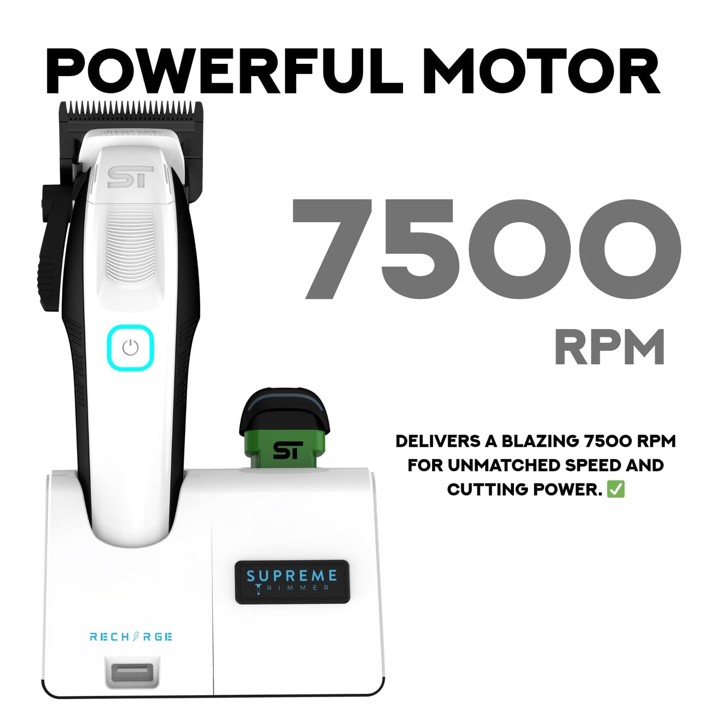 Supreme Trimmer Recharge Clipper - Professional Hair Clipper with 2 Removable Batteries, Brushless Motor, Smart Charge Stand, USB-C Charge & DLC Blades Barbers | STC779