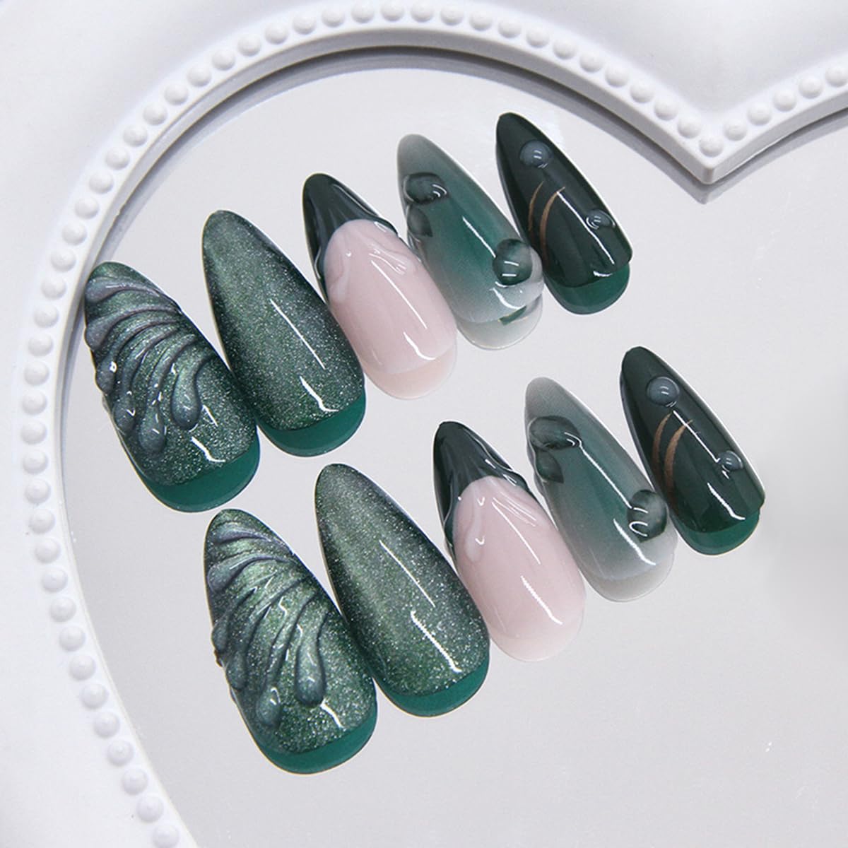 Short Almond Press-On Nails - 24 Pcs French Tip with Leopard Print & Gold Beads | Reusable Acrylic Nail Designs for Women