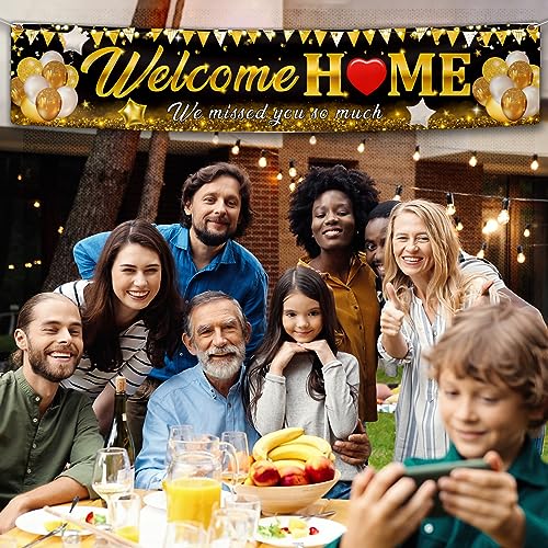 Welcome Home Banner Decoration - Black Gold Vinyl Sign for Indoor/Outdoor Celebrations