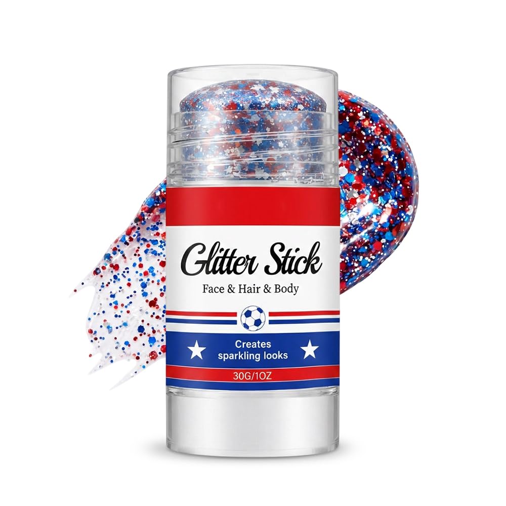 4th of July Glitter Stick, 2026 New Red, White & Blue Body & Hair Sparkle for Independence Day, Face Body Glitter, Sparkle Patriotic Glitter for Soccer Game Celebration (1)