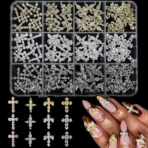120Pcs Cross Nail Charms Set for DIY Manicure Gold Silver Black Jewelry Accents
