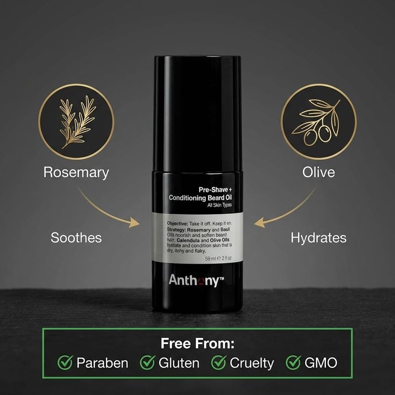 Anthony Pre-Shave and Conditioning Beard Oil, 2 Fl Oz, Contains Rosemary, Basil, Olive and Calendula Oils, Hydrates, Softens, Nourishes, and Conditions Skin