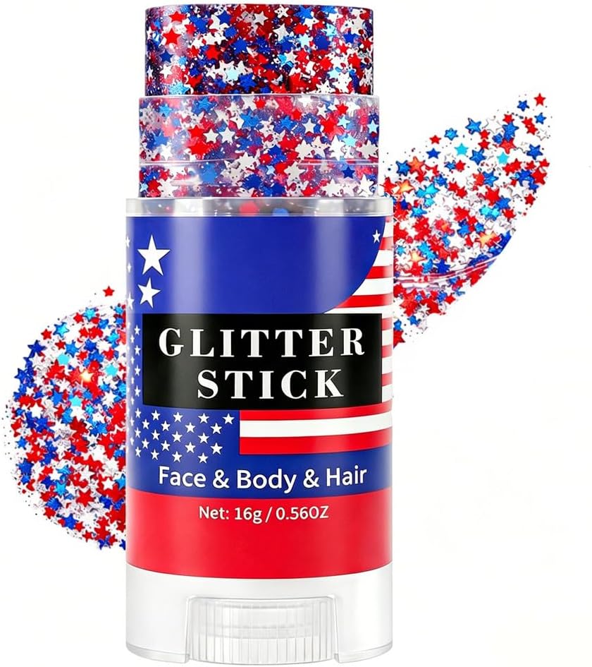 Red White and Blue Glitter Stick - Waterproof Star Face & Body Glitter for 4th of July | Patriotic USA Flag Glitter, 0.56oz