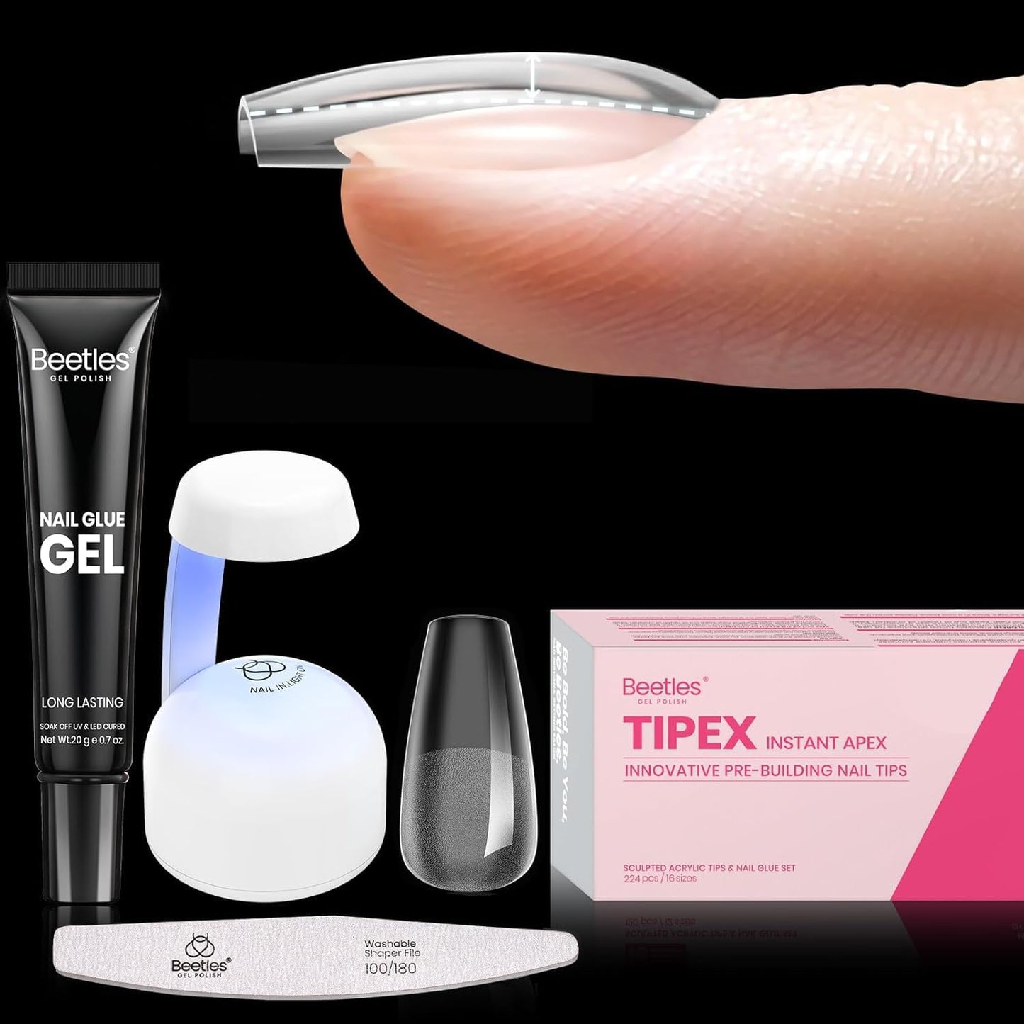 Beetles Tipex Gel Nail Kit - 224 Pcs Extra Short Square Nail Tips with Mini Lamp & Glue | 16 Sizes
