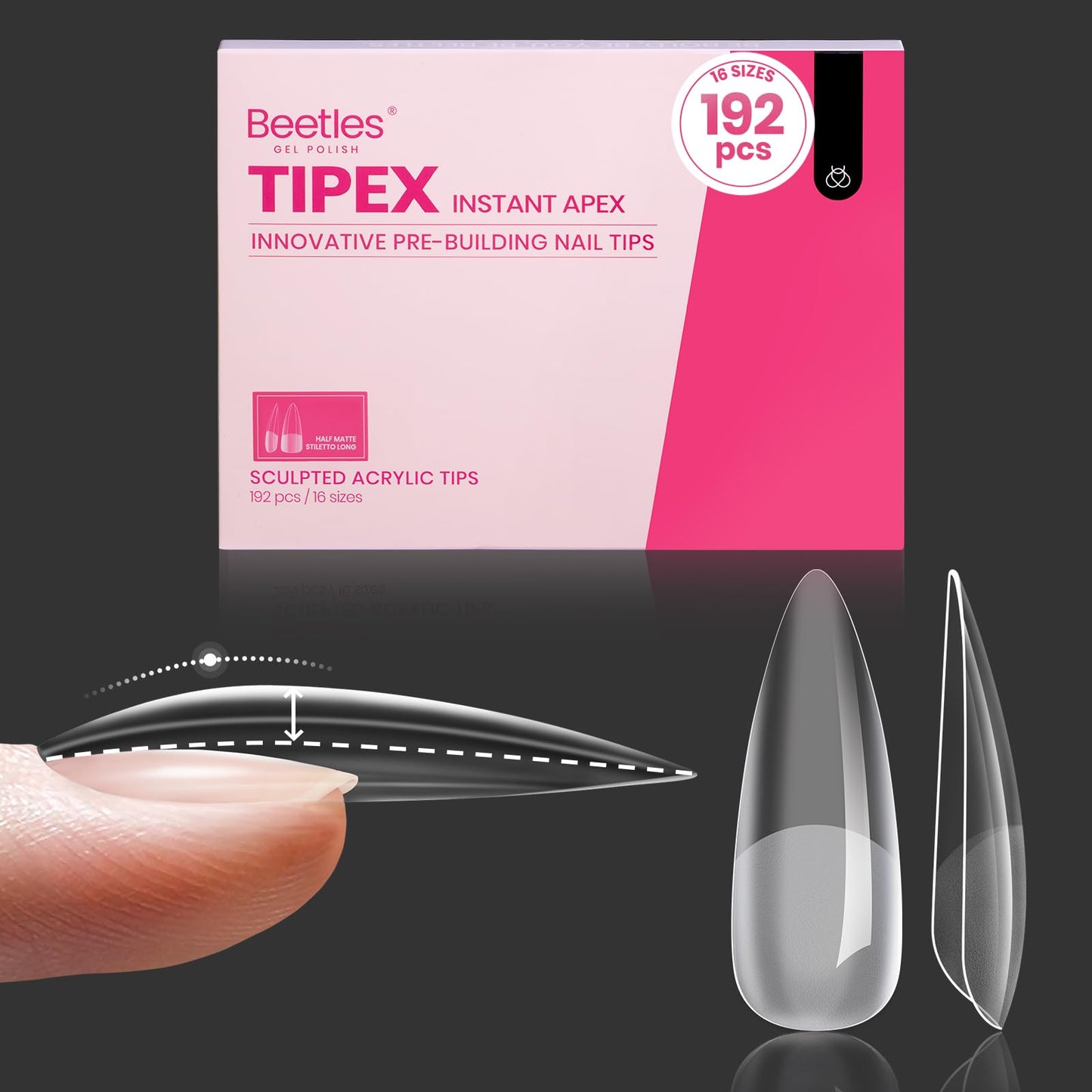 Beetles Tipex Instant Apex Nail Tips, Long Stiletto, 16 Sizes 00–14, 192pcs, No Builder Gel Required, Thicker Strong Acrylic Tips for DIY Salon-look Extensions