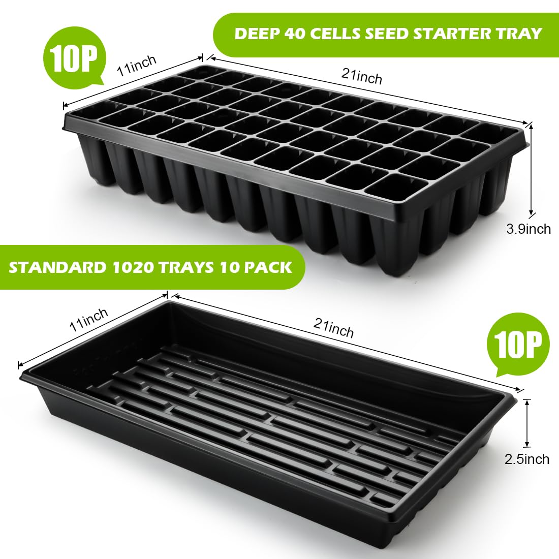 RooTrimmer 10 Pack 1020 Seed Starter Trays and 10 Pcs 40 Cell Plug Trays, Thick Durable Seedling Plastic Nursery Tray for TD542 1020 Tray Germination (10 Sets)