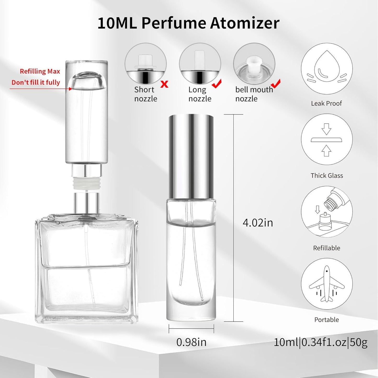 Perfume Travel Refillable Atomizer Bottle - 10ml Glass, Unique Top-Filling, Leak-Proof Design | Mini Portable Spray
