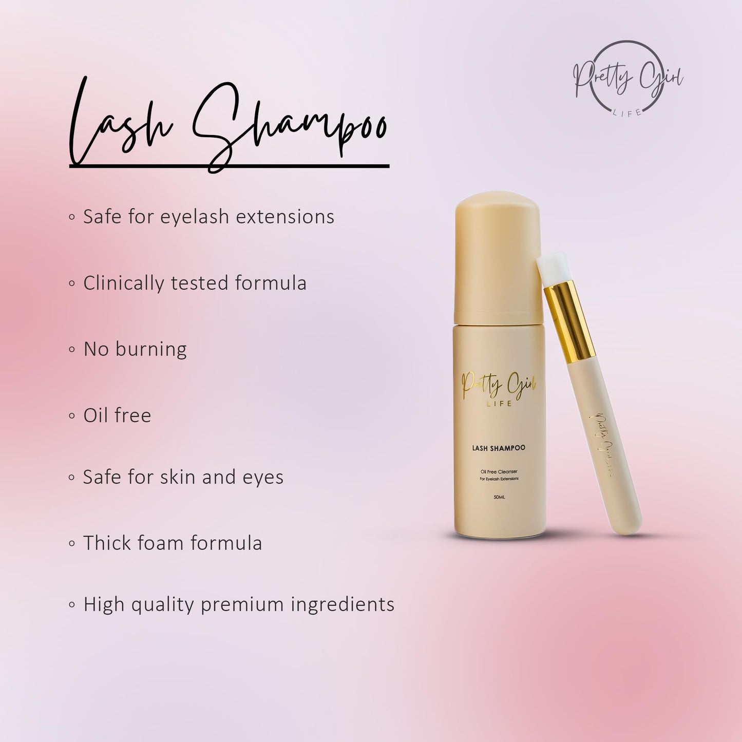 Pretty Girl Life Lash Shampoo for Eyelash Extensions Unscented Eyelash Extension Cleanser Foam Gentle Lash Wash for Natural Lashes and Cluster Lashes Makeup Remover with Brush