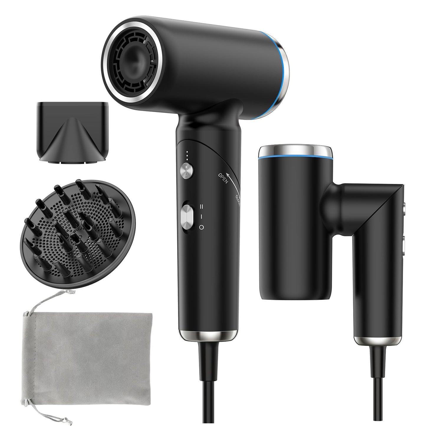Travel Hair Dryer Dual Voltage for Europe Foldable, High Speed Ionic Blow Dryer Fast Drying,100-240V Portable Dryers with Magnetic Nozzles,1300W-black