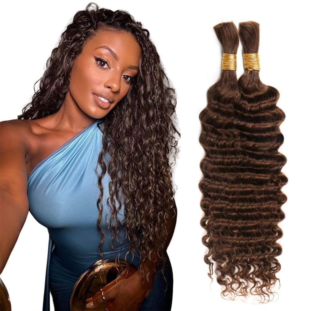 #4 Brown Human Braiding Hair Deep Wave Bulk 20 20 Inch Unprocessed Brazilian Virgin Hair Chocolate Deep Curly Braiding Hair Extensions 2 Bundle 100g/pack