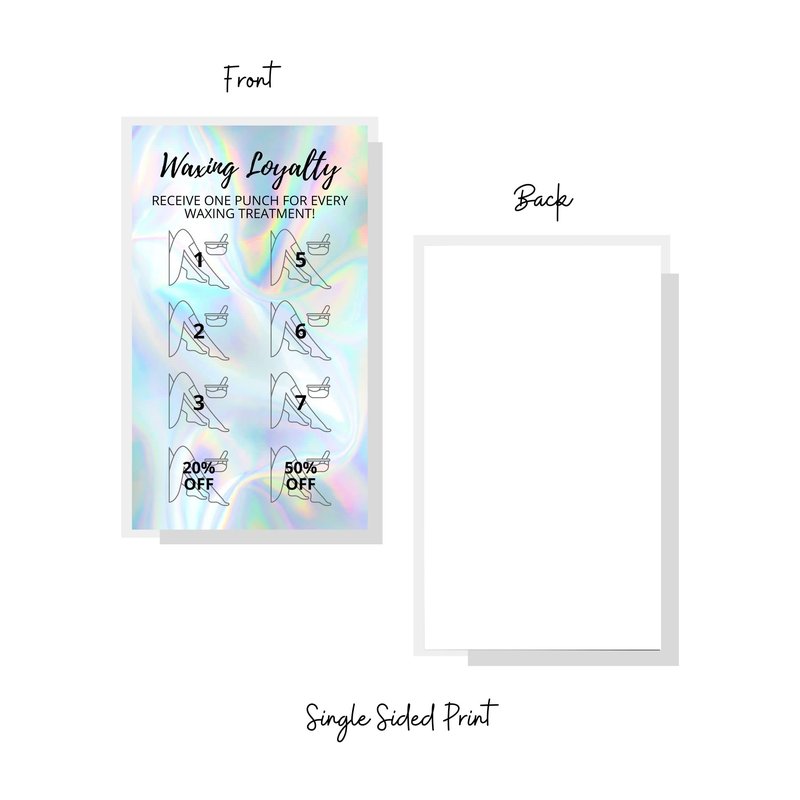Waxing Loyalty Cards | 50 Pack | Size 2 x 3.5” inches Business Card Size | Wax Skin Business Estheticians | Non-Reflective Matte Holographic Look Design