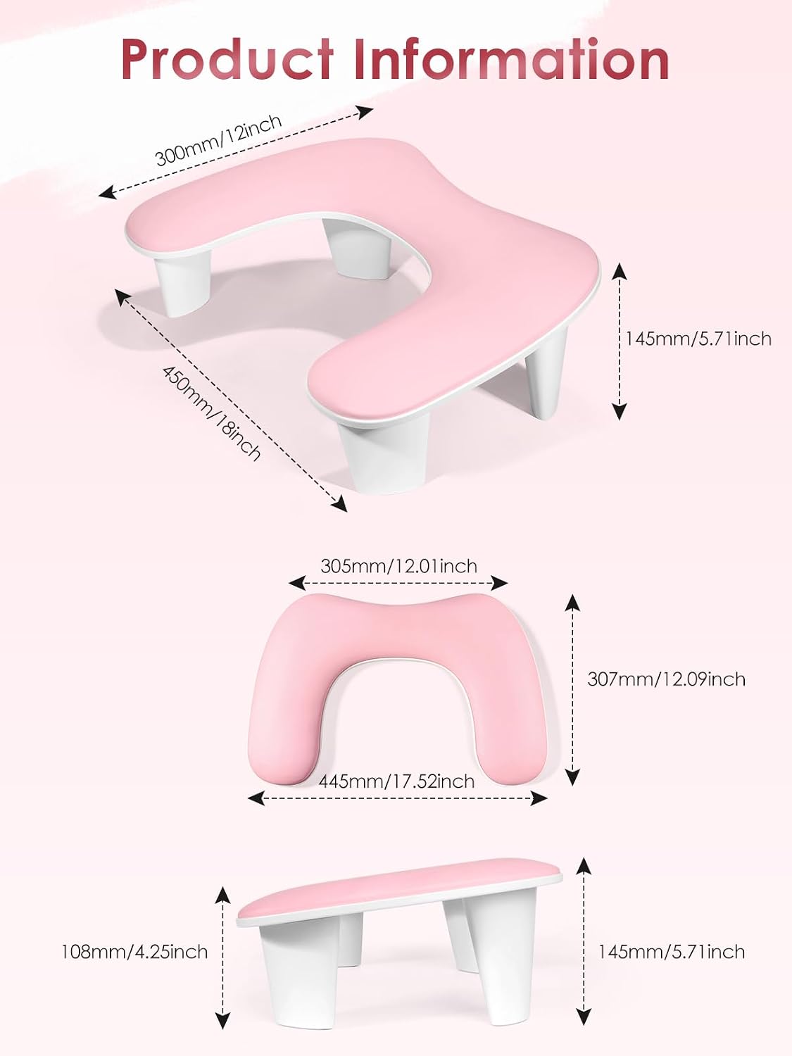 U-Shaped Nail Arm Rest Pillow - Microfiber Leather Cushion for Manicure | Pink Nail Tech Support