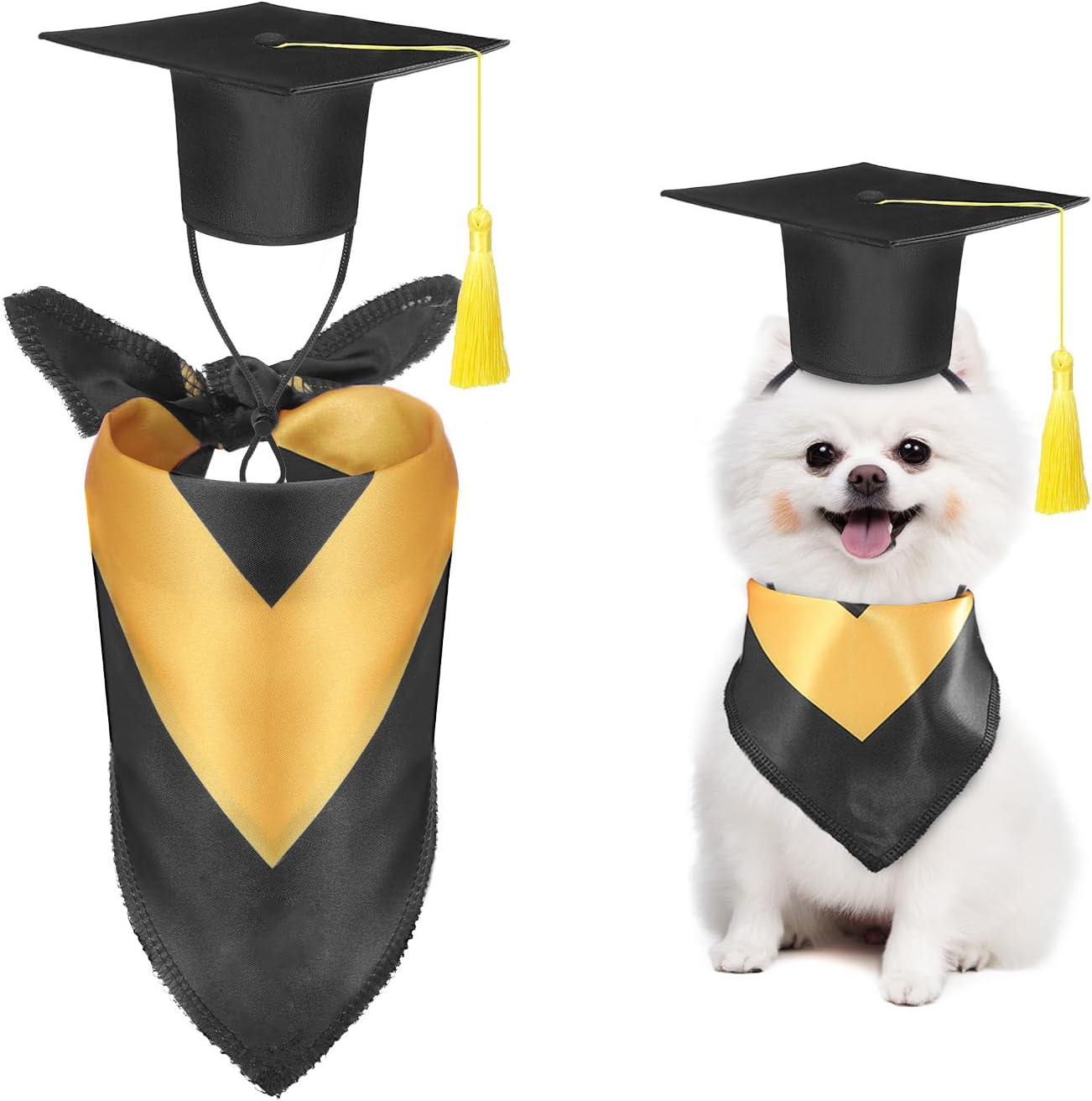 Dog Graduation Cap and Bandana Costume Set - Adjustable, Washable Pet Outfits for 2026 | Yellow, Small
