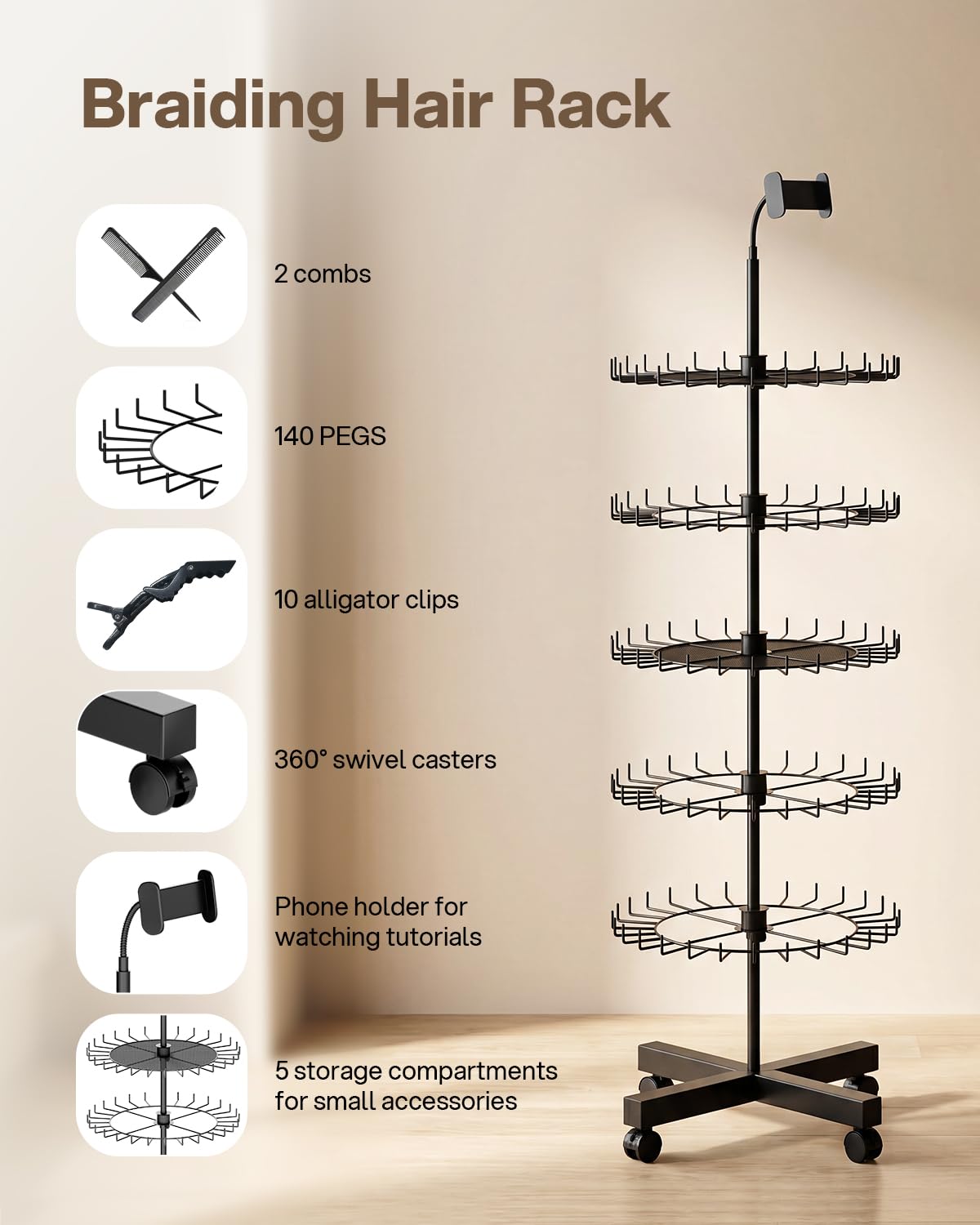 FOOGWEE Braiding Hair Rack Divider Stand with 140 Pegs,Adjustable Rotation Wheels & Phone Holder - Accessories (Combs, Clips) for Braiders,Salon or Home Use (Black)