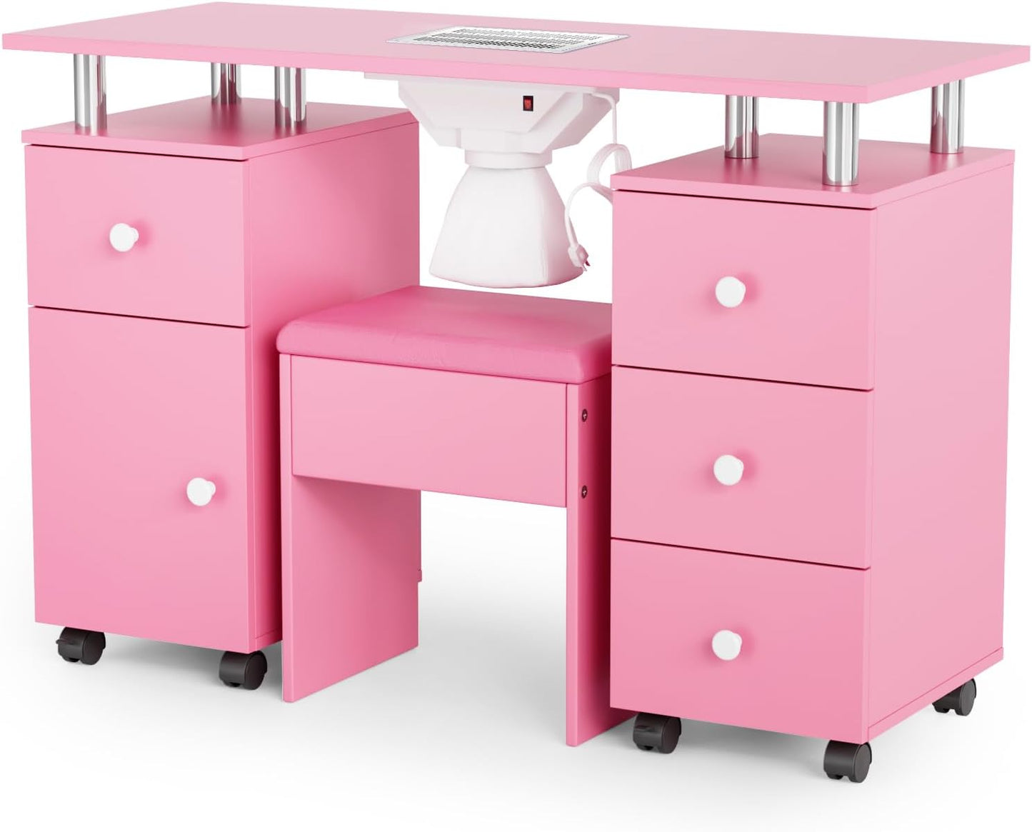 Nail Desk and Chair Set - Acetone Resistant Manicure Table with Dust Collector & Storage Drawers | White