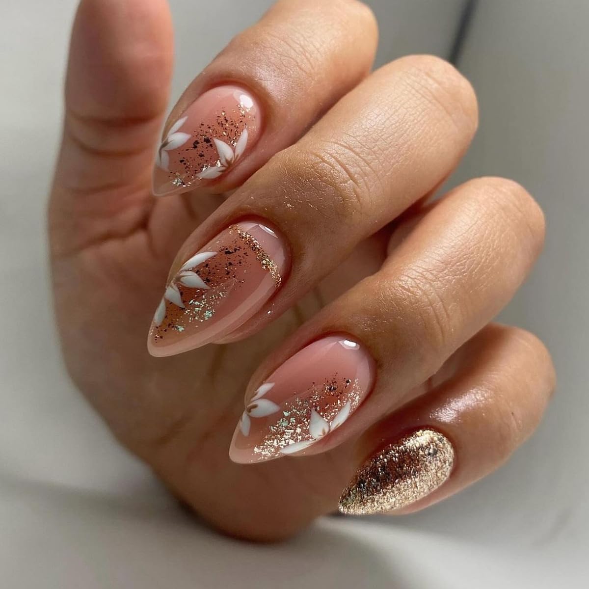 Press On Nails Almond - Medium Aurora Design Full Cover Fake Nails | 24 Pcs White Stick-On for Women