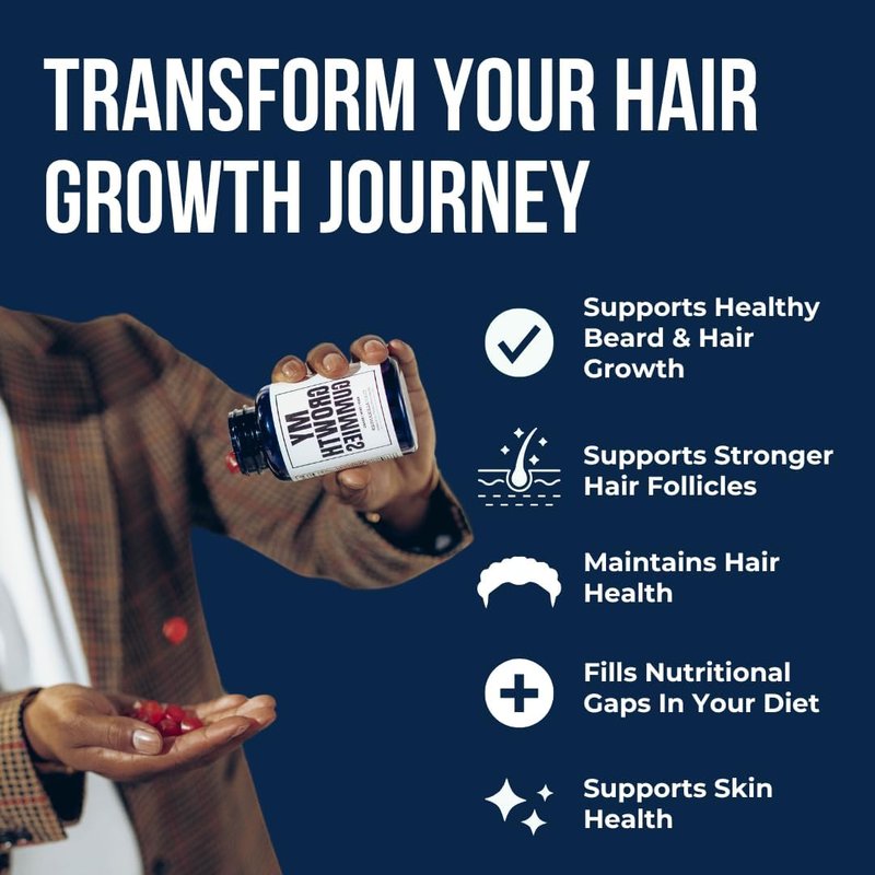 Evan Alexander Grooming My Growth Gummies | Healthy Hair & Beard Growth Support | Stronger Hair Follicles & Better Skin | Strawberry & Coconut Flavor | Vitamins C, D3, B6, B12 & Biotin | 60 Gummies