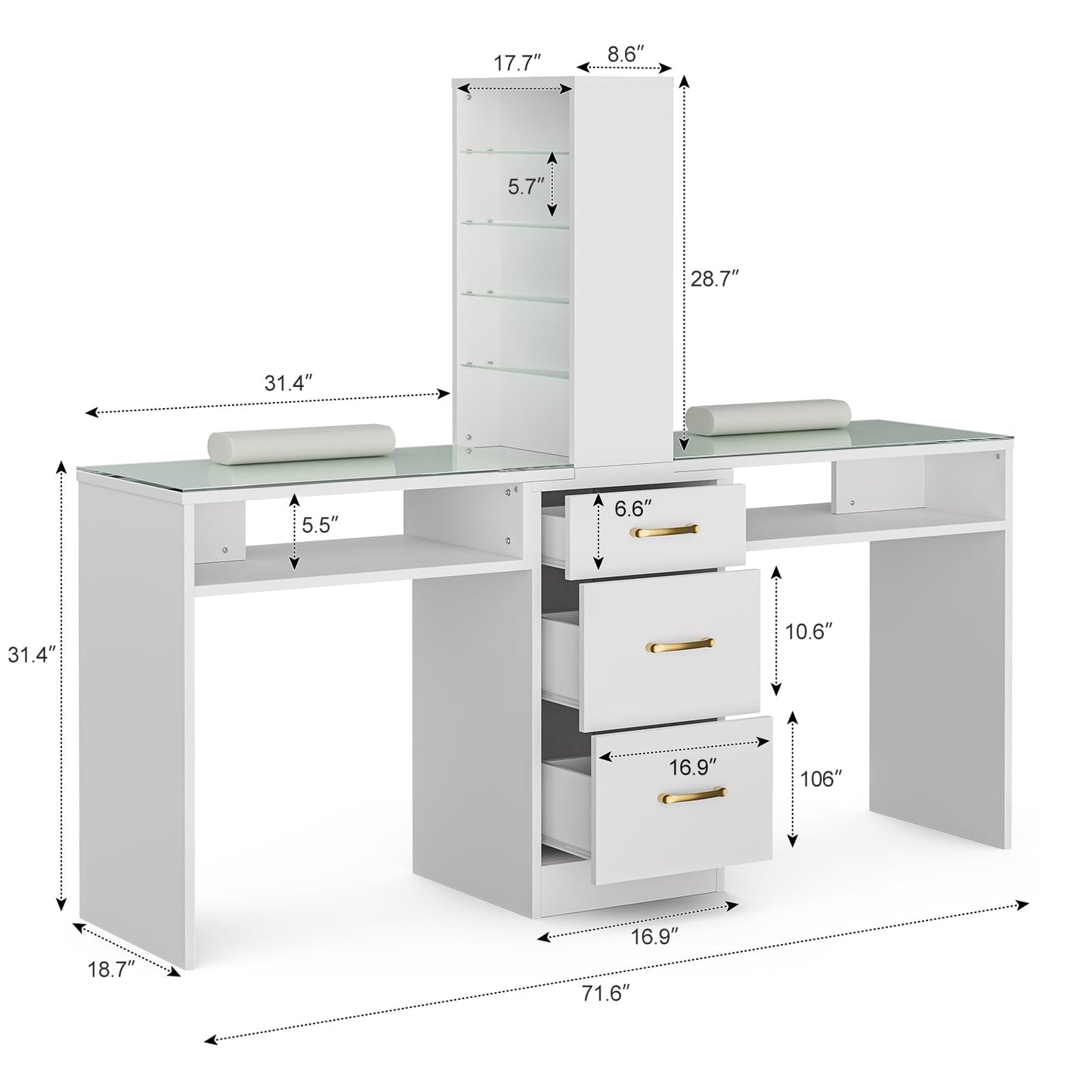 Paddie Double Manicure Table, Nail Desk for Nail Tech w/Glass Top & Wrist Rest, Nail Beauty Workstation w/3 Storage Drawers & 8-Tiers Open Shelves(White)