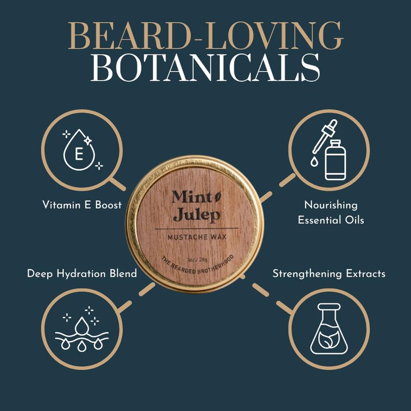 The Bearded Brotherhood Mint Julep Mustache Wax — 1 oz Tin, Strong Hold, Natural & Handcrafted (Bourbon + Mint Scent)