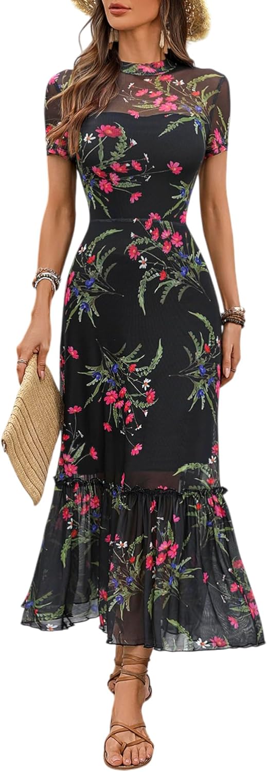 Floral Mesh Ruffle Maxi Dress for Women - Casual Summer Wedding Guest Dress | Short Sleeve, Waist-Cinched