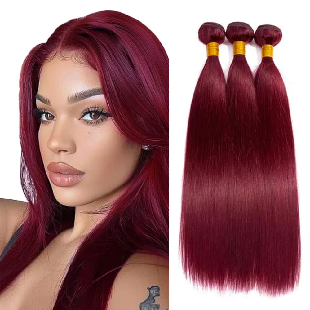 99J Human Hair Bundles Burgundy Straight Bundles 14 16 18 Inch 150g Mixed Length Brazilian Remy Red Human Hair Bundle for Women