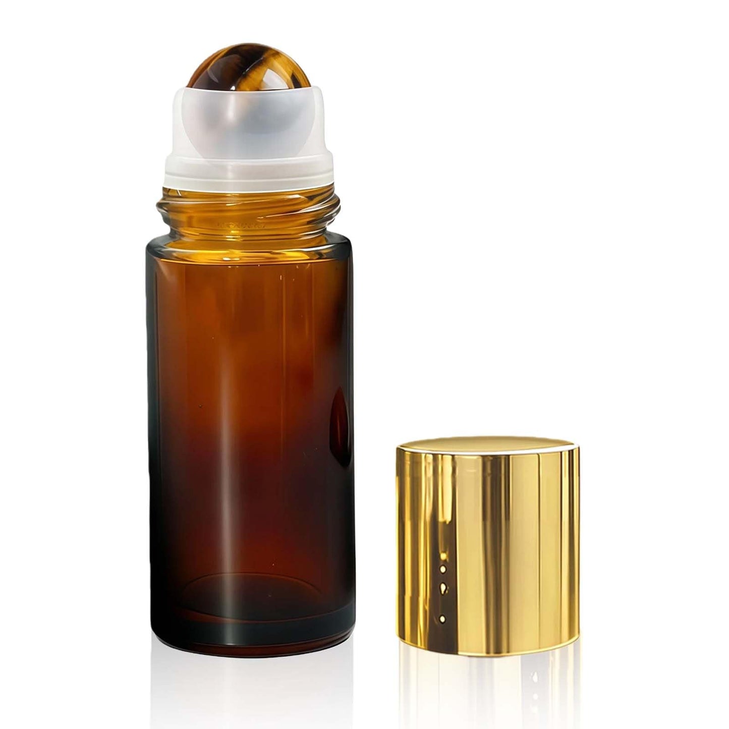 Warmify Tiger's Eye Roller Bottles for Essential Oils, 50ml Refillable Amber Glass Roll On Bottles with Natural Crystal Roller Balls, Leak-Proof Travel Perfume Bottle with Gold Caps