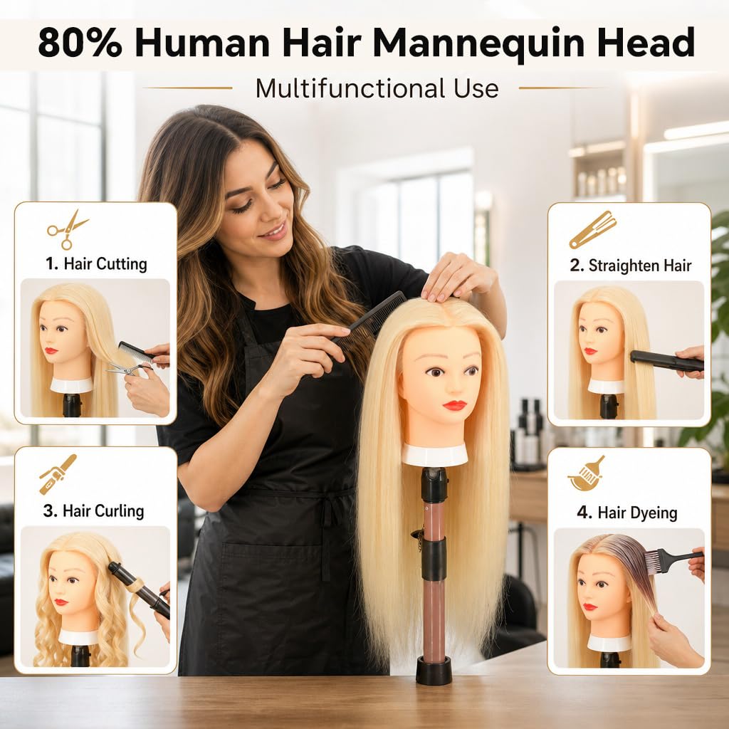 Eumos 80% Real Human Hair Mannequin Head 26-28” Cosmetology Doll Head #613