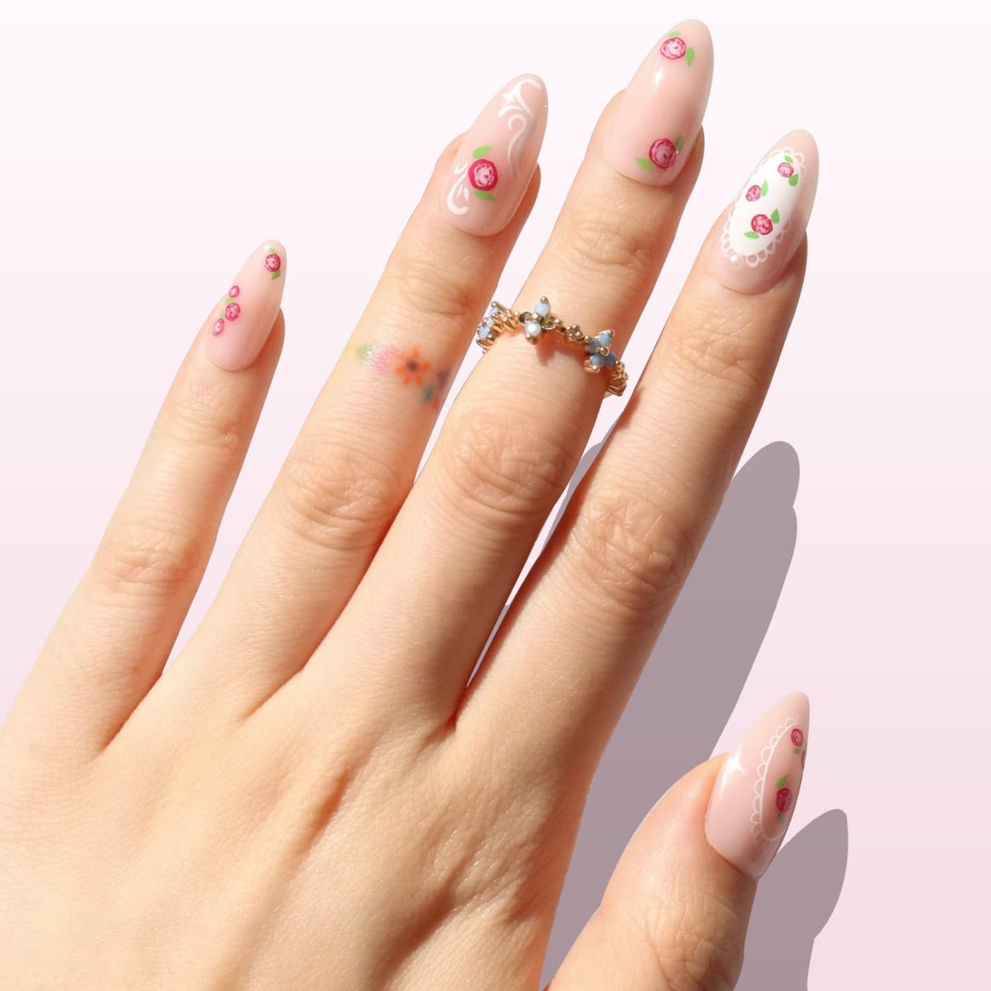 Nail Reformation Press On Nails, Pink Roses Medium Almond Fake Nails with Lace & Pearl on Nude Base in Glossy Finish, Reusable Stick On Nails in 15 Sizes - 30 Nail Kit, Manicure Gifts for Women
