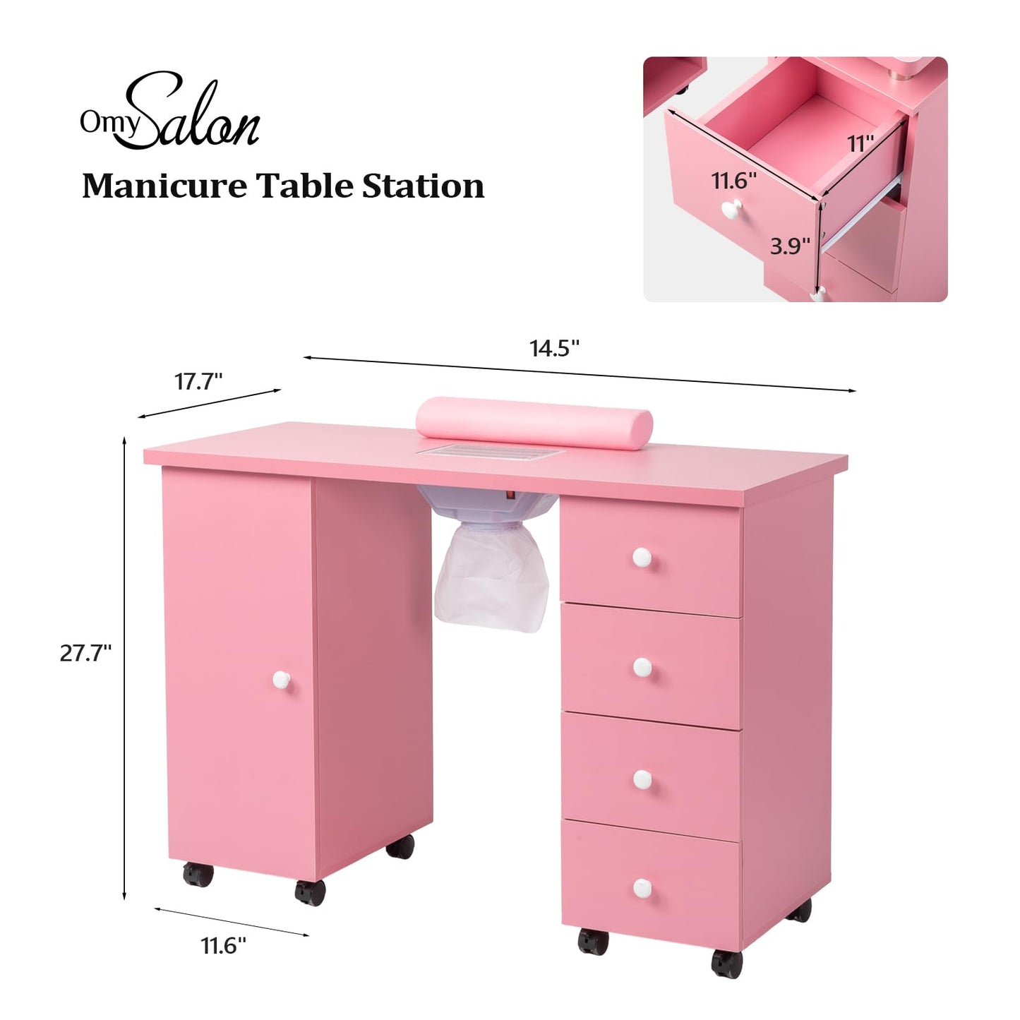OmySalon Manicure Table Nail Desk for Nail Tech, Nail Table Beauty Salon Tech Station w/Electric Downdraft Vent, Lockable Wheels,Wrist Cushion,Storage Drawers