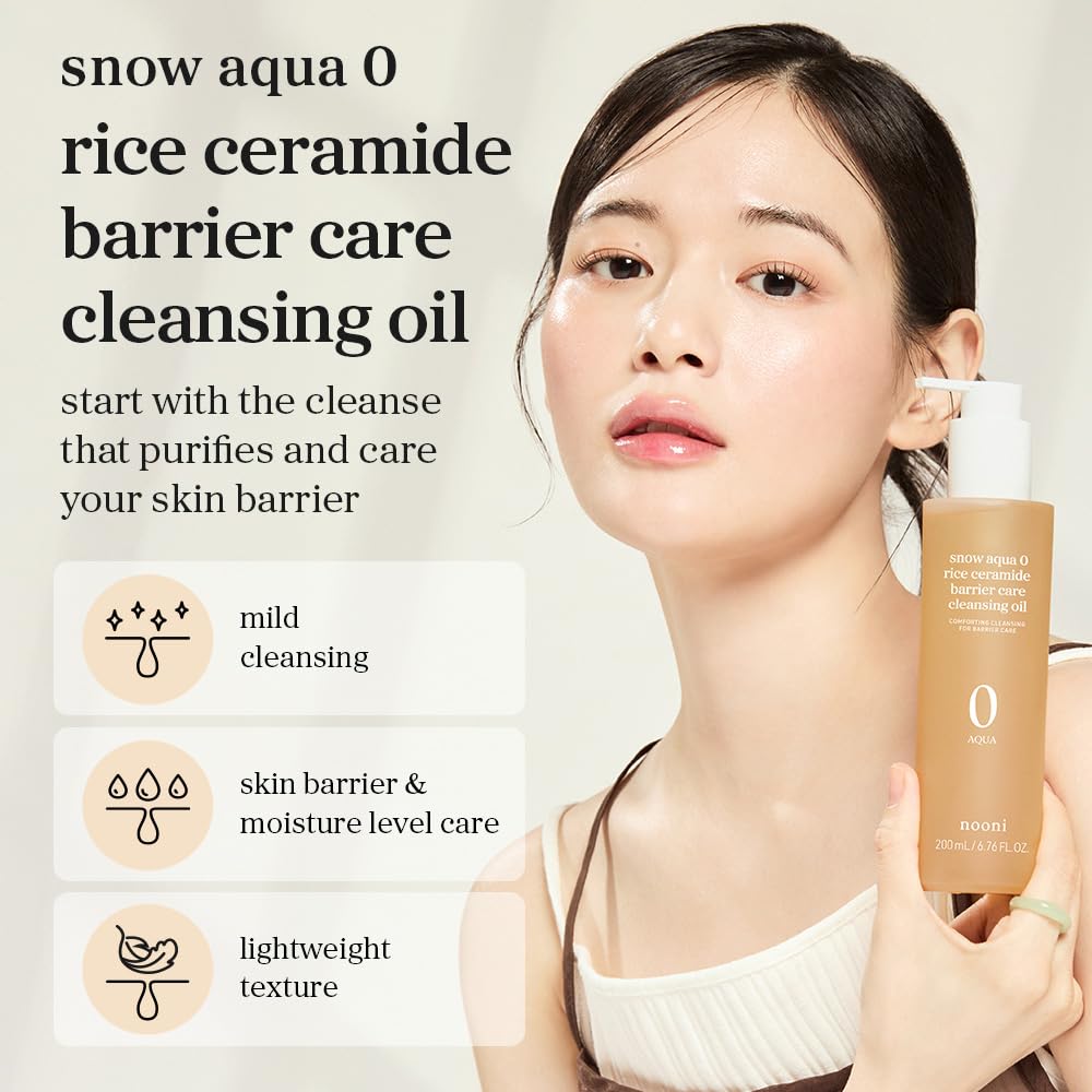 Korean Cleansing Oil - NOONI Snow Aqua Rice Ceramide Makeup Remover | Gentle Facial Cleanser, 6.76 Fl Oz