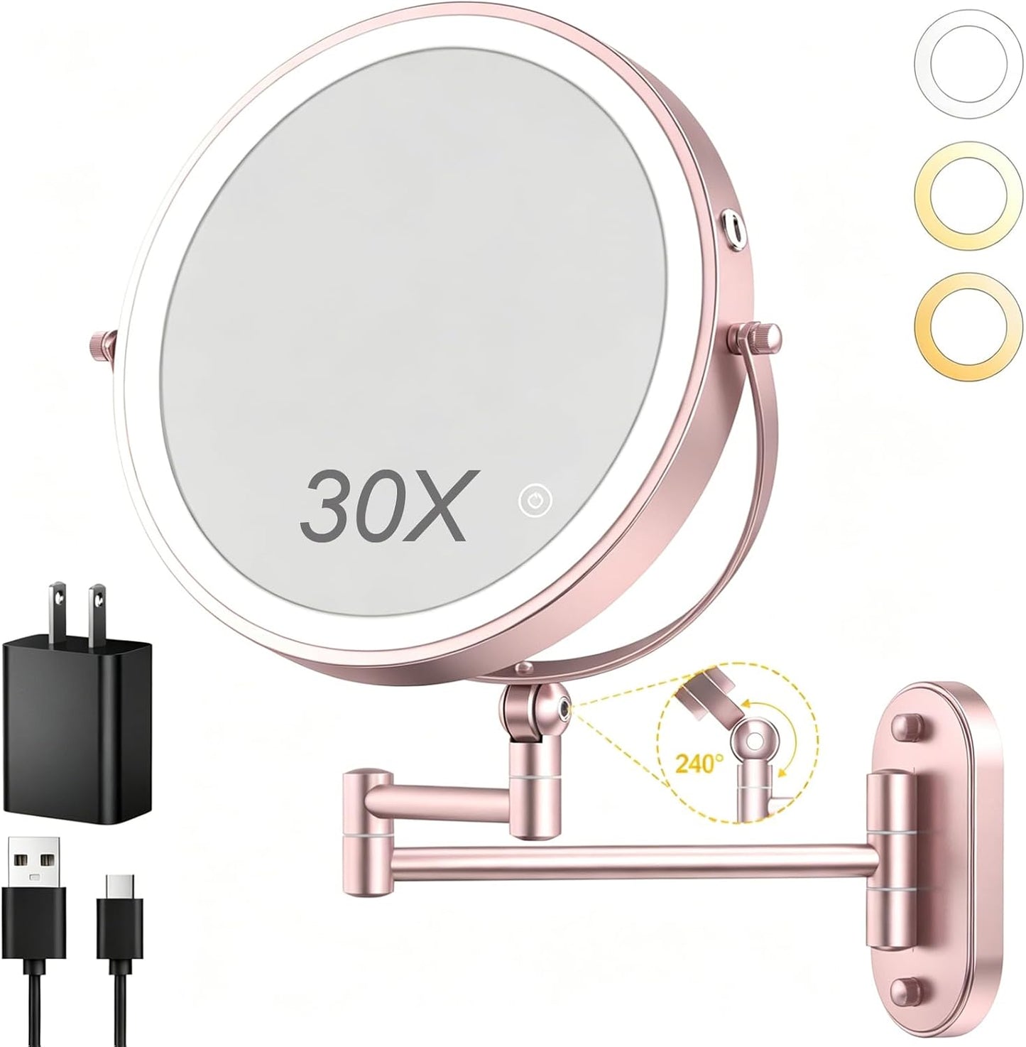 ZLOKLA 9" Wall Mounted Lighted Makeup Mirror - 1X/30X Magnification, Touch Dimmable, 360° Rotation, Rechargeable