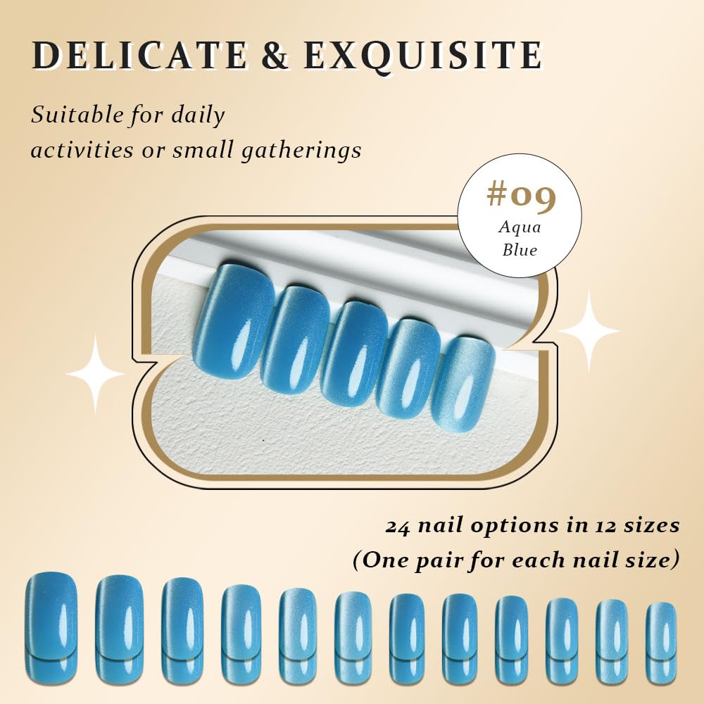 Aqua Blue Cat Eye Press-On Nails - Medium Square Chrome Design | Holographic Glitter Gel Acrylic Reusable