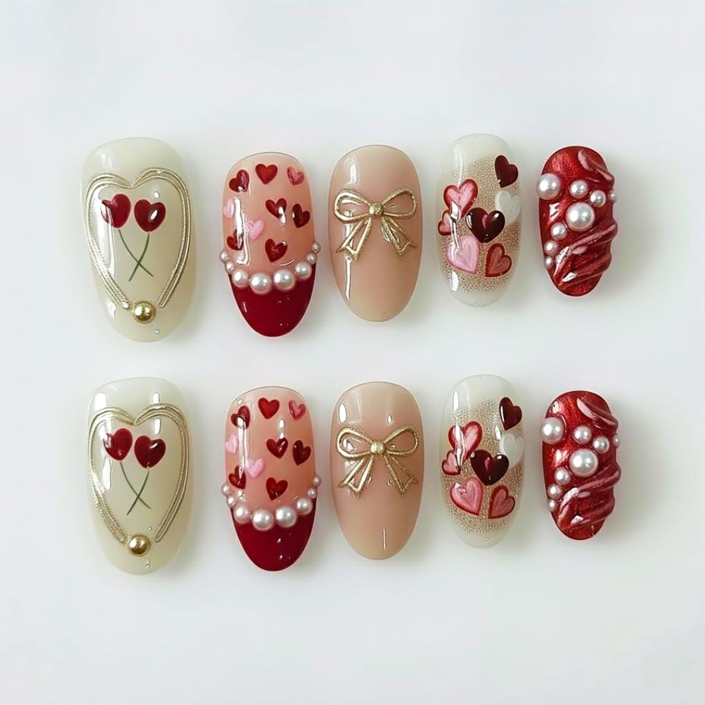 Valentine's Press-On Nails - 30 Pcs Short Almond Red French Tip with Pearl & Gold Bow | Romantic Heart Acrylic Set