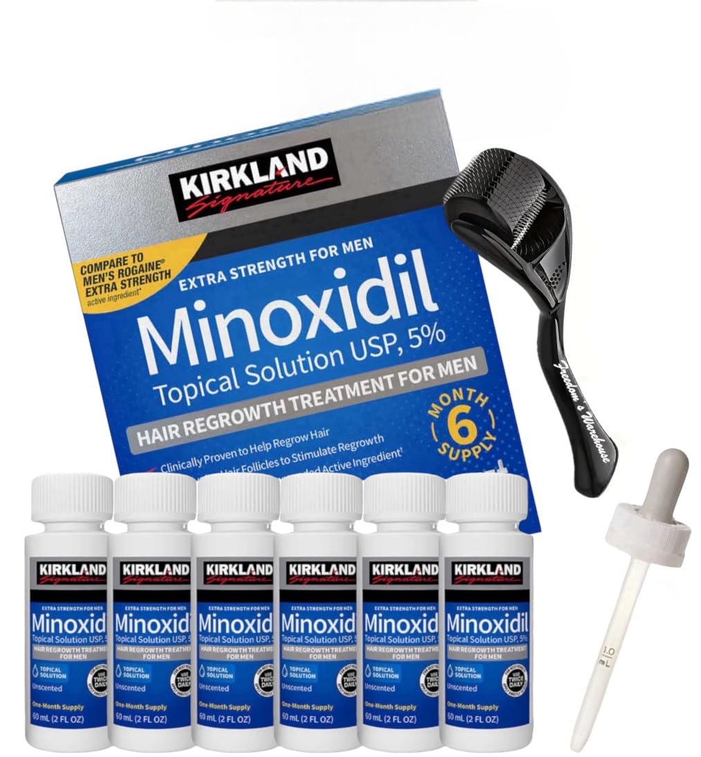 (6 Pack) Kirkland Minoxidil for Men Hair Regrowth Treatment, Liquid Extra Strength 5% Topical Solution, 6 Months Supply - Dropper Applicator and Microneedle Roller Included - Minoxidil Kirkland