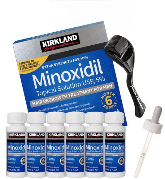 (6 Pack) Kirkland Minoxidil for Men Hair Regrowth Treatment, Liquid Extra Strength 5% Topical Solution, 6 Months Supply - Dropper Applicator and Microneedle Roller Included - Minoxidil Kirkland