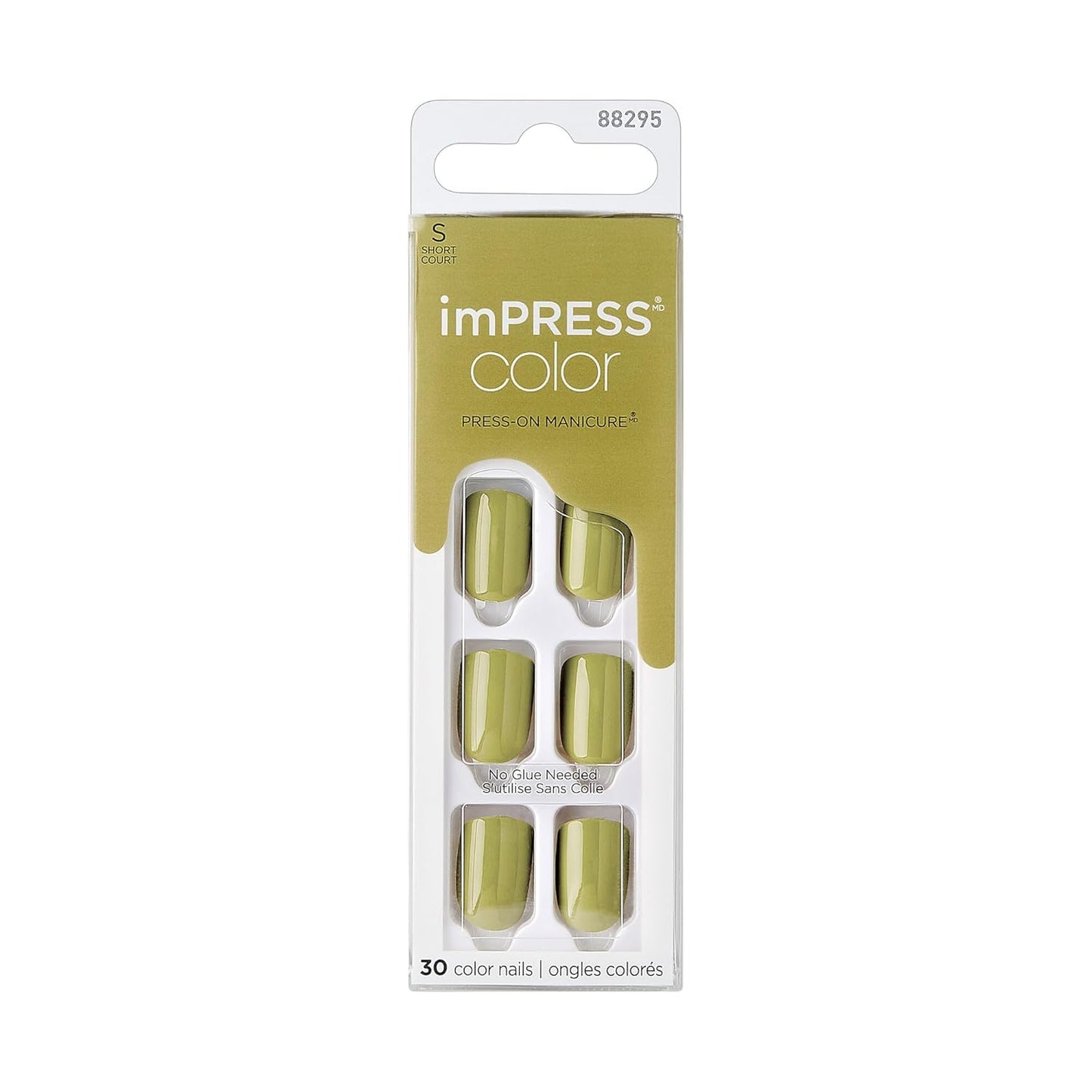 Impress Press-On Nails - Olive Green Squoval Shape | 30 Pcs Short No Glue Set with Easy Apply & Removal Tools