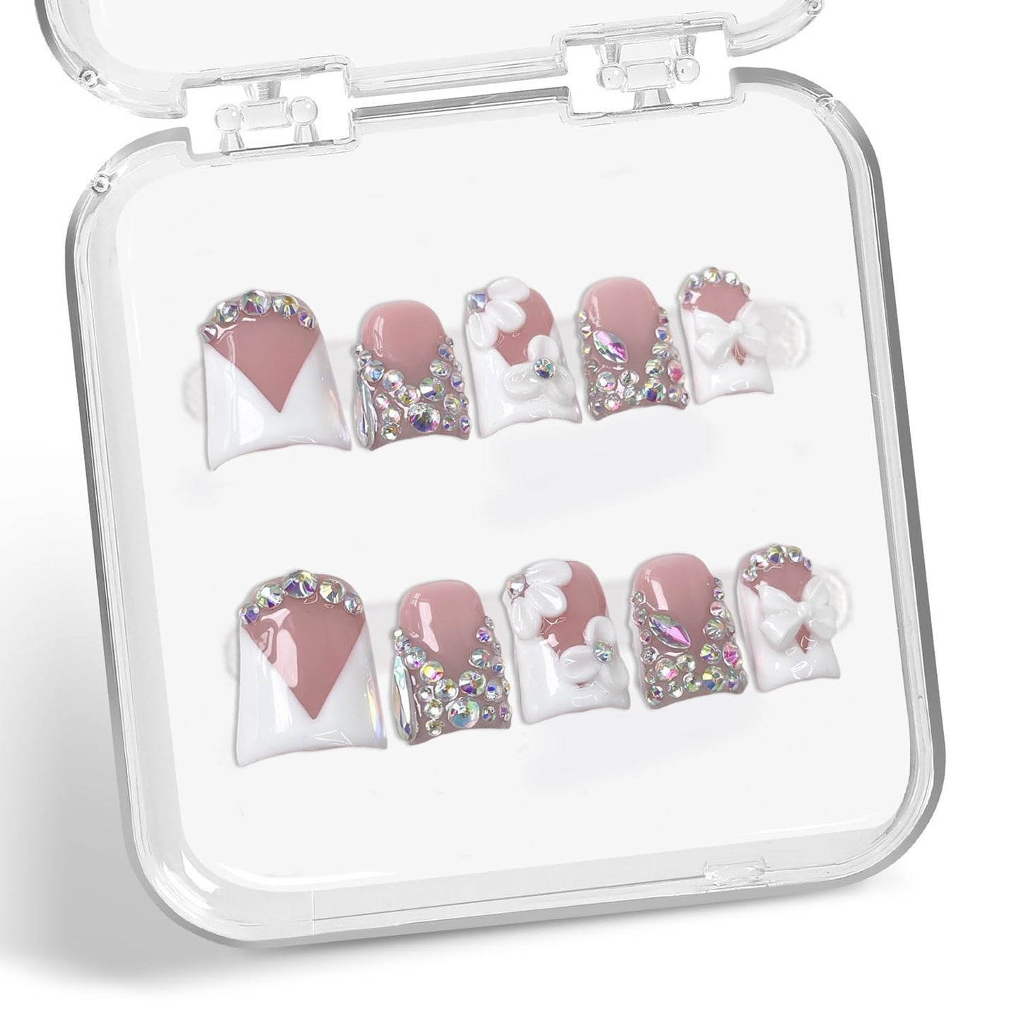 Colorful 3D Flower Press-On Nails - Handmade Thick Acrylic Full Cover | White French Tip (Medium)