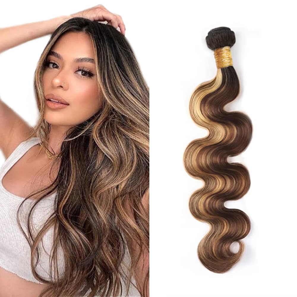 100g 24 Inch LadrXadr Ombre Human Hair Bundles 4/27 Human Hair Bundles Highlight Brown Body Wave Bundle 4/27 Brown Body Wave Bundle 100g