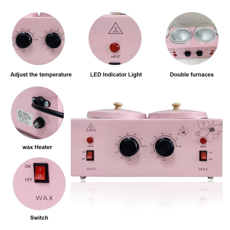 Double Pots Wax Warmer Professional Melted Wax Beads for Hair Removal,Fast Electric Wax Heater with Adjustable Temperature Set for Women (Pink-Double Pots)