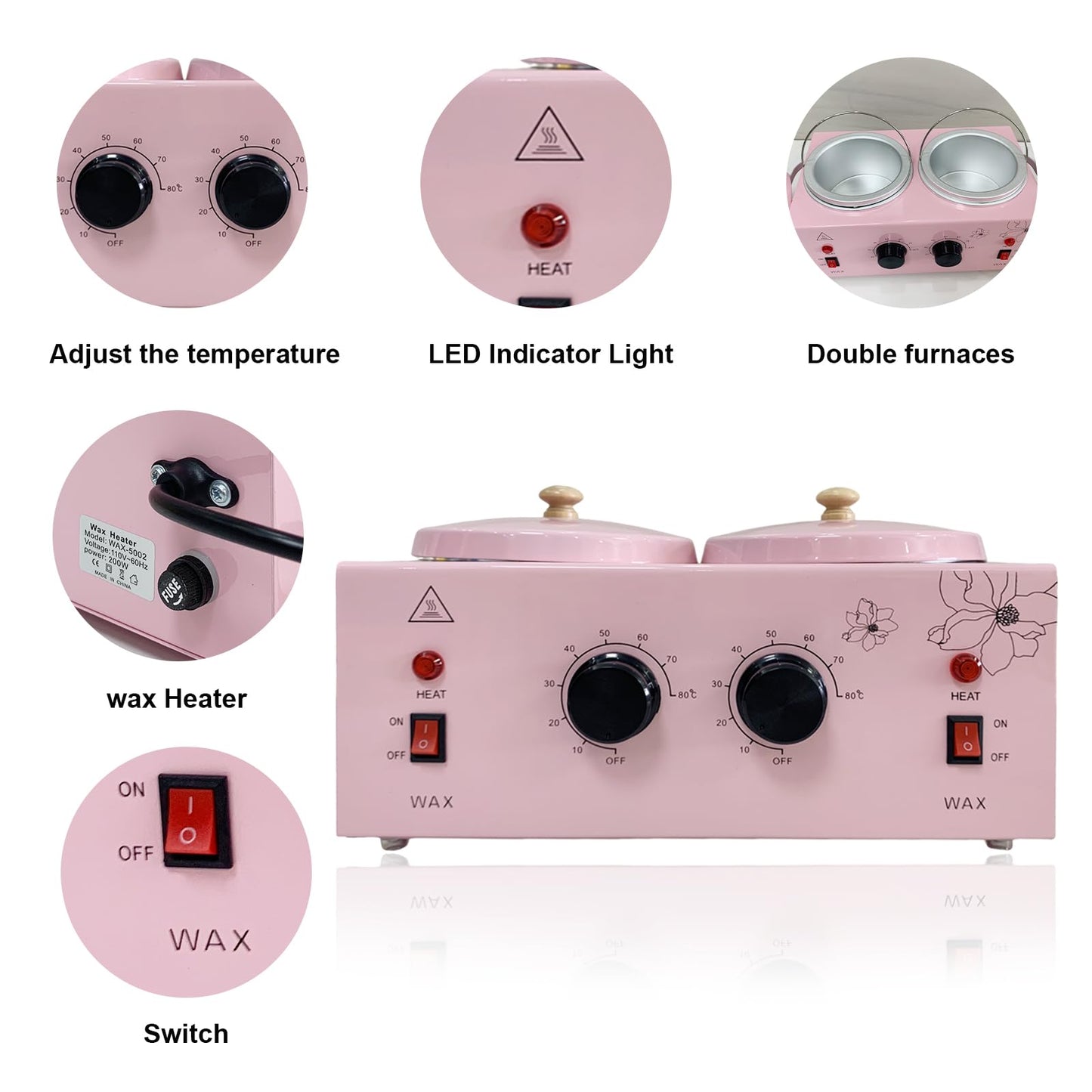 FHATSJ Portable Single Pot Wax Warmer for Painless Hair Removal, Fast Temperature Adjustable Wax Heater with Large Wax Pot for Facial Skin Body SPA Salon Equipment Beauty Salon (Pink-Single Pots)