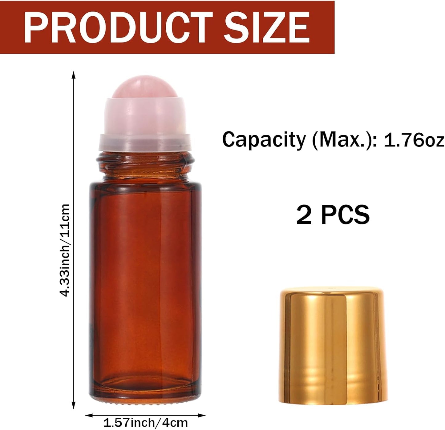Amber Glass Roll-On Bottles for Essential Oils - 2 Pack 1.7oz Refillable Applicators with Rose Quartz Roller Ball | Leak-Proof Aromatherapy Containers