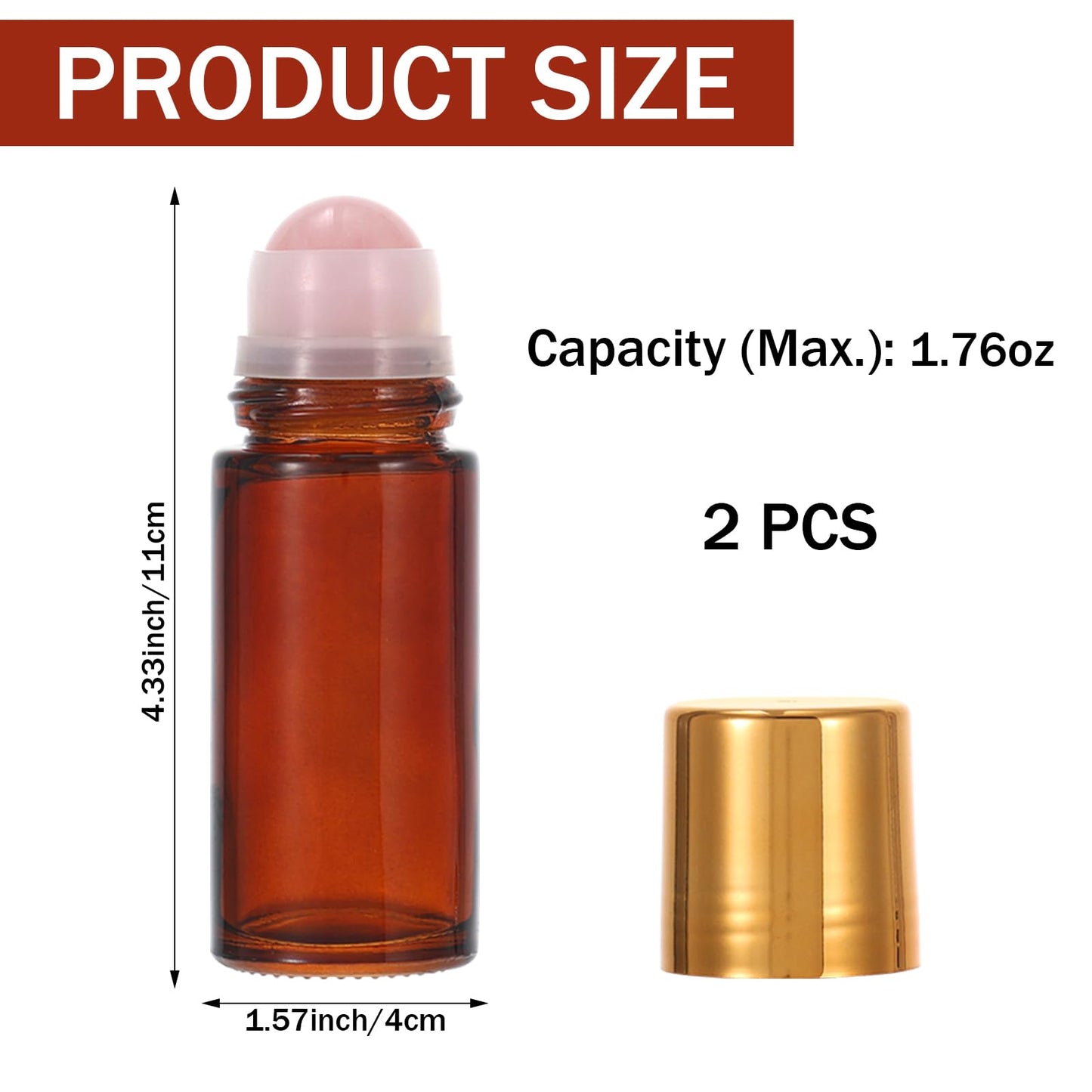 2 Pack 1.7oz Large Amber Glass Roll on Bottles for Essential Oils, Refillable Roller Ball Applicator with Rose Quartz Roller Ball, Perfume Deodorant Containers, Leak-Proof for Aromatherapy & Skincare