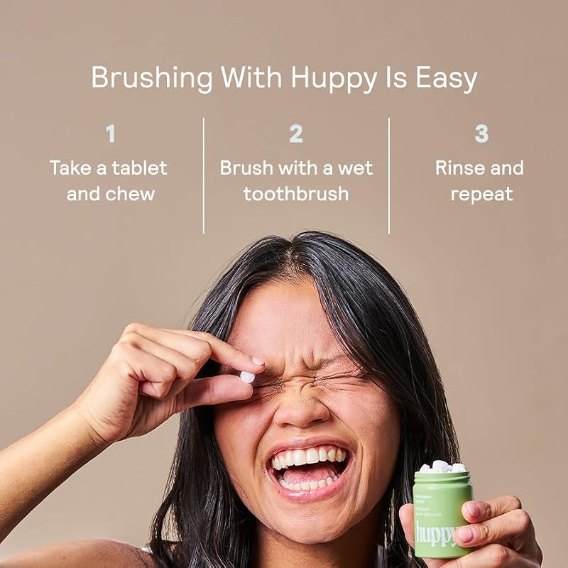 Huppy Toothpaste Tablets with Refillable Tin - Fluoride-Free, Charcoal Mint, 62 Count